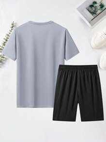 男友风男士夏季跑步健身运动冰丝速干降温吸汗透气四面弹力高弹力运动短袖T恤短裤套装 - 灰色 - 查看 2