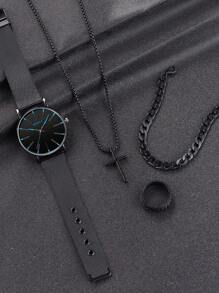 4入組男士休閒商務手錶和掛墜項鍊、手鐲和戒指套裝，適用於運動 - 黑色 - 查看 2