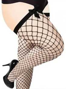 1双女士加大码性感镂空蝴蝶结过膝长筒袜，黑色，舒适袜子