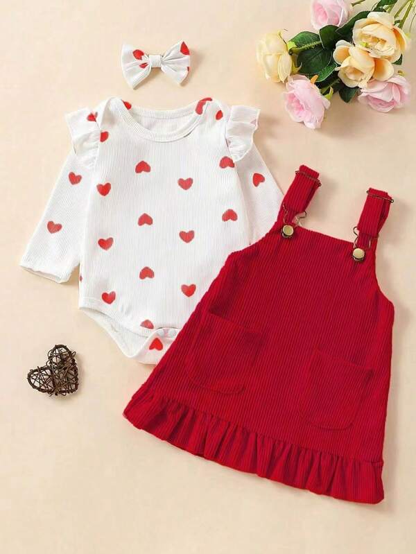3pcs Baby Girl Long Sleeve Cute Heart Printed Bodysuit With Ruffle Trim Overall Dress And Headband, Suitable For 0-2 Years Old