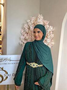 1pc Soft Solid Color Head Scarf, Jersey Hijab, Arabic Turban - Green - View 3