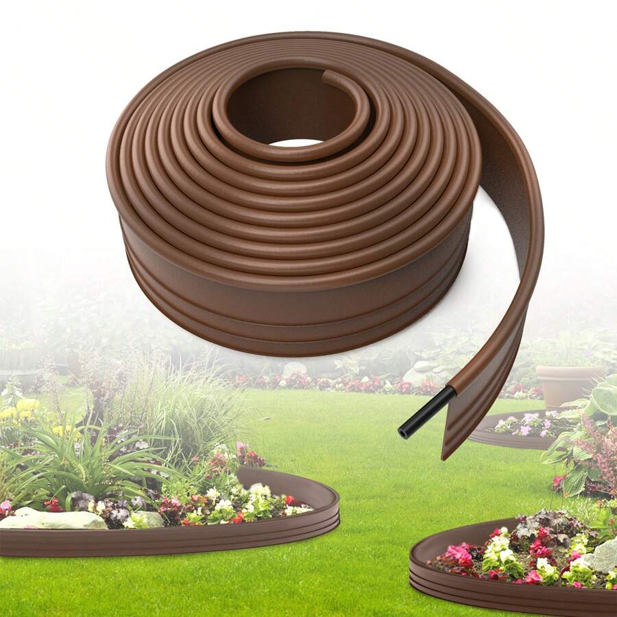 LILIIN Borde de césped flexible, borde de plástico para parterres, 6 m/12 m/15 m, borde de jardín, césped, gris oscuro/marrón, borde de parterre para bordes de jardín, caminos, bordes - Marrón - Ver 1