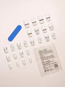 24入組中長款冰種玉石素色簡約披肩鹿骨心英文指骨塗鴉INS風格方形假指甲+ 1pc果凍凝膠+ 1pc指甲文件套件，按壓式指甲材料供應 - 白色 - 查看 5