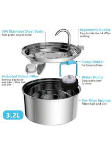 1个3.2升/108盎司/0.85加仑不锈钢大容量宠物饮水器，适用于中小型犬猫，自动饮水，USB供电（不含适配器） - 3.2L - 查看 3