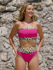 popvil Women's 2pcs Pink Strapless Bikini Set With Leopard Print Patchwork, Beach Summer Bikini Set Summer Beach - Multicolor - View 2