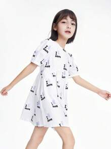 Annil Tween Girl Dresses Summer Skin-Friendly Cute Bunny Letter Printed Square Neck Short Sleeve Dresses White