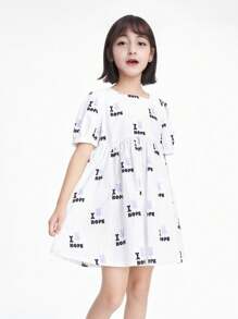 Annil Tween Girl Dresses Summer Skin-Friendly Cute Bunny Letter Printed Square Neck Short Sleeve Dresses White