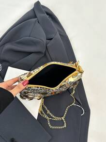 Fashion Glitter Sequin Rectangle Women's Bag, New Versatile Zipper Crossbody Bag, Unique Design Chain Strap Party Clutch - Gold - View 5