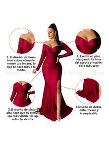 Vestido Elegante Con Escote En V Y Manga Larga Para Mujer - Rojo - Ver 3