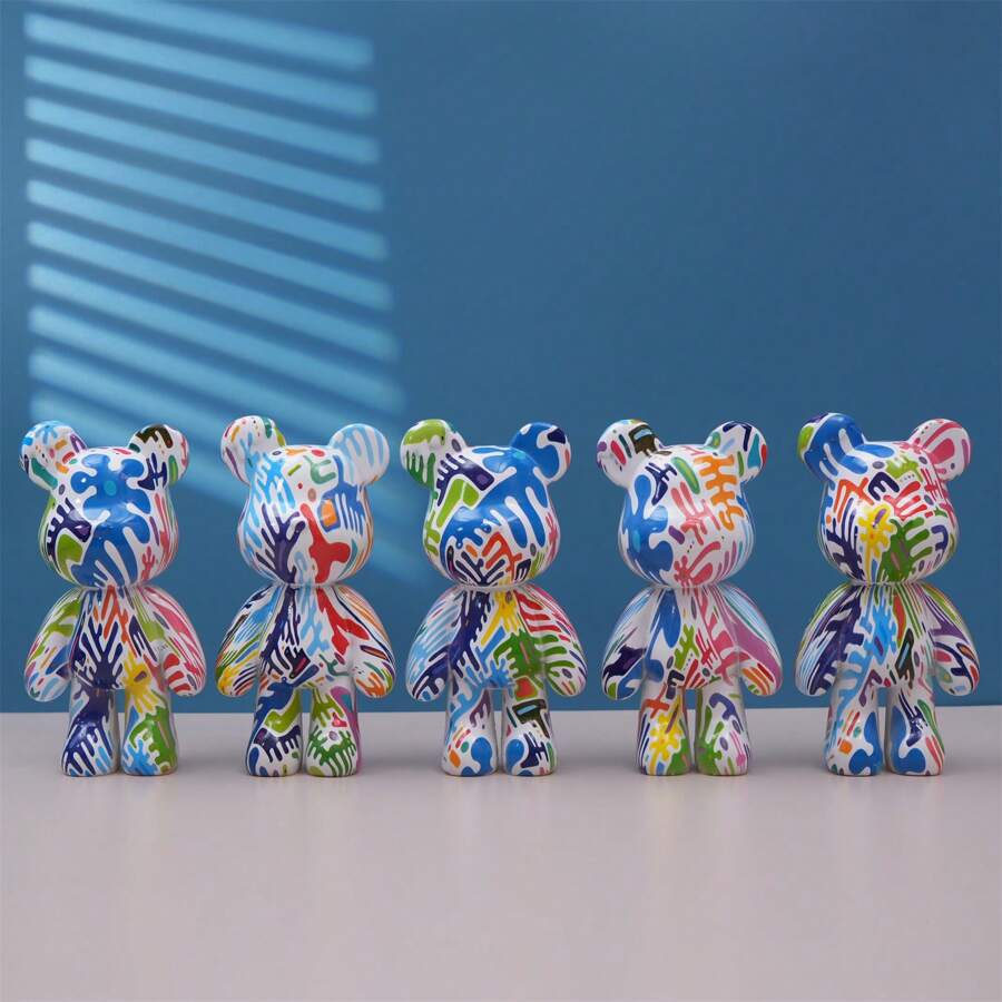 1pc 21cm Handmade Resin Bear Statue Ornament - Blue and White - View 1