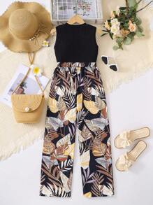 Tween Girl Ribbed Sleeveless Tank Top Top + Floral Allover Print Wide-Leg Pants 2pcs/Set Summer Casual Comfortable Outfit - Multicolor - View 2