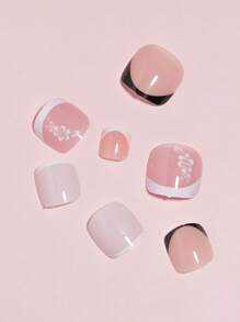 VV MEI JIA ER 96片装（黑色法式/白色法式/花卉/法式）短方形按压式脚趾甲，全覆盖设计，4片亮面假脚趾甲，法式风格，夏季美甲套装，适合女性和女孩，配有可重复使用的收纳盒 - 彩色 - 查看 5