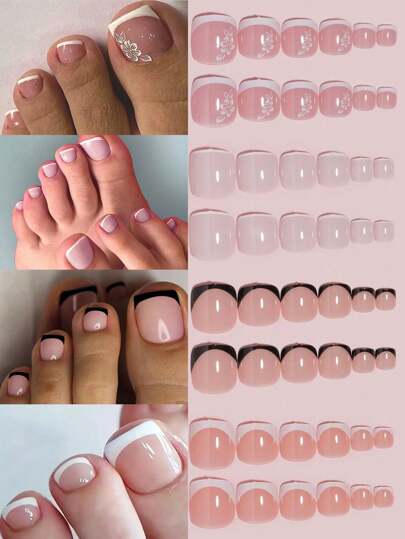 VV MEI JIA ER 96入組（黑法式/白法式/花朵/法式）短方形貼式美甲假腳甲，全面覆蓋、4片亮面美甲膠片，夏季法式設計假趾甲套裝，適合女性和女孩，帶可重複使用存儲盒，美甲工具