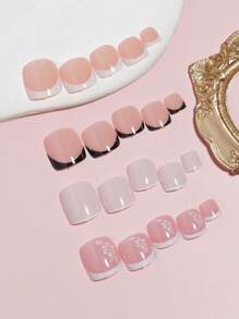 VV MEI JIA ER 96片装（黑色法式/白色法式/花卉/法式）短方形按压式脚趾甲，全覆盖设计，4片亮面假脚趾甲，法式风格，夏季美甲套装，适合女性和女孩，配有可重复使用的收纳盒 - 彩色 - 查看 3