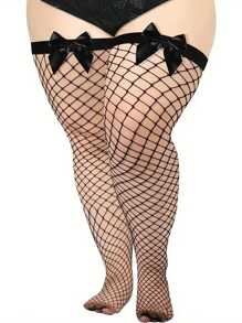 1双女士加大码性感镂空蝴蝶结过膝长筒袜，黑色，舒适袜子