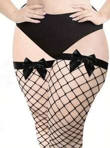 1双女士加大码性感镂空蝴蝶结过膝长筒袜，黑色，舒适袜子