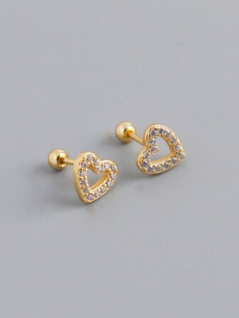 HuooNew 1pair Of Stylish 925 Sterling Silver Gold-Plated Heart Shaped Stud Earrings, Ideal Birthday Gift For Girls Valentines