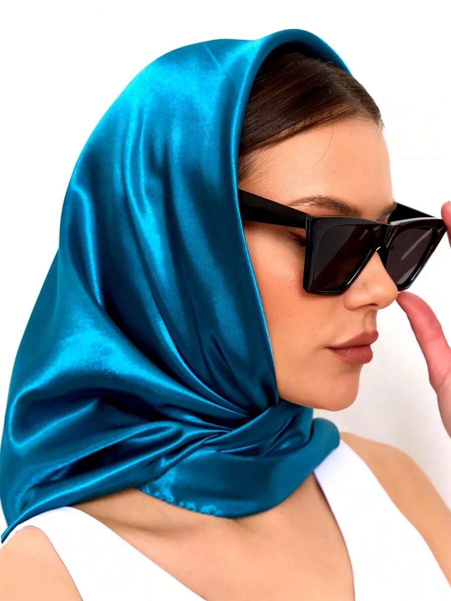 1入90*90cm新款夏季純色頭巾，多用途人造絲方巾，適用於頭帶、圍巾、頭巾、頭帶等，穿搭必備單品 - 湖藍色 - 查看 1