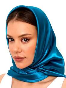 1入90*90cm新款夏季純色頭巾，多用途人造絲方巾，適用於頭帶、圍巾、頭巾、頭帶等，穿搭必備單品 - 湖藍色 - 查看 3