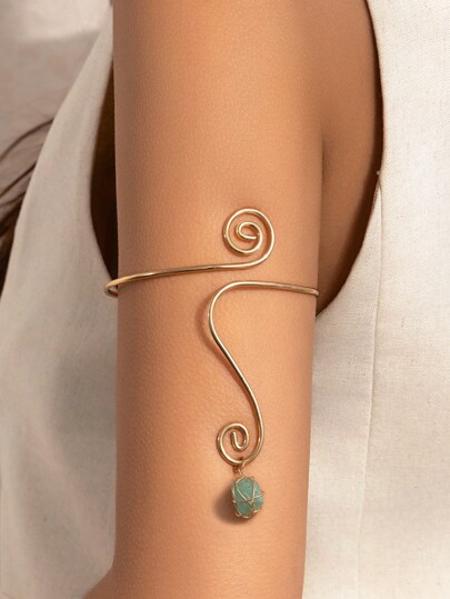 1pc Vintage Bohemian Style Fashion Asymmetrical Crystal Turquoise Pendant Spiral Open Cuff Bracelet Armlet, Suitable For Women's Daily Wear And Casual Vacation Decorative Body Jewelry Gift (Turquoise Pendant Shape And Size Random, Spiral Shape May Have Slight Differences)