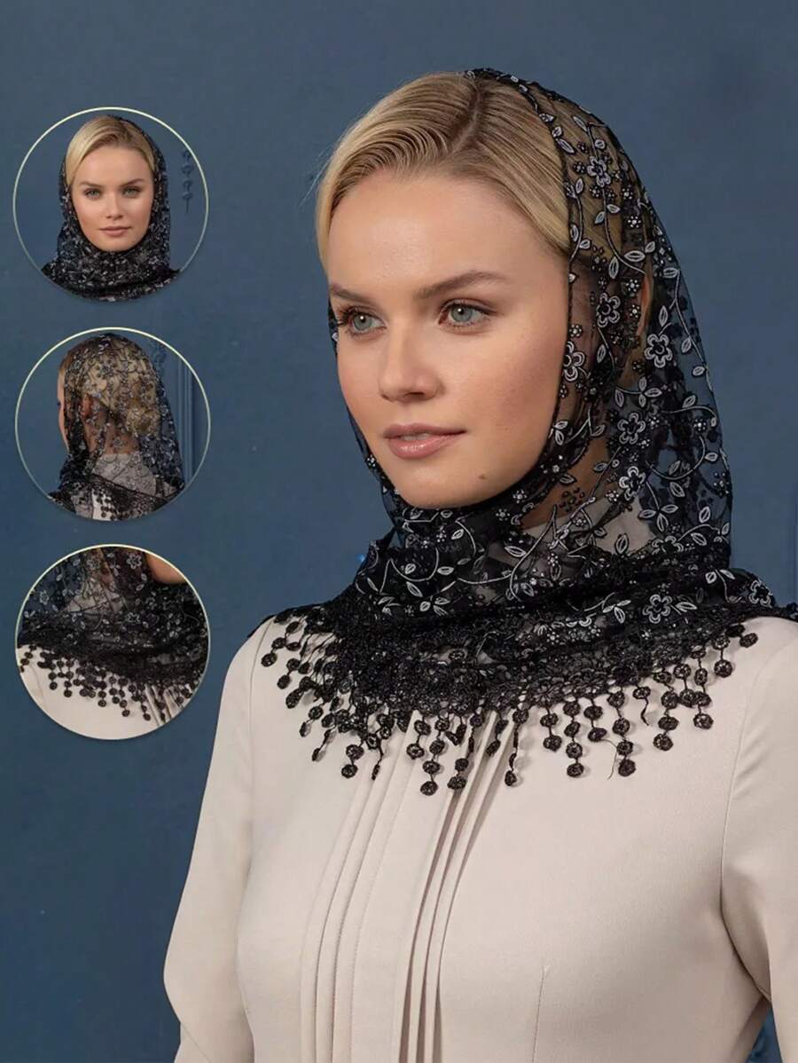 1 Stück Damen Frühling & Herbst Floral Spitze Dreieckstuch, klassischer atmungsaktiver Cut Out einfarbiger Schal, dekorativer Kopfumhang, Schleier, geeignet für Alltag & Urlaub, Valentinstag