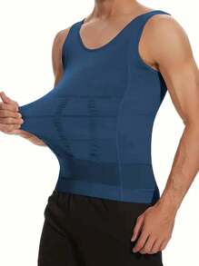 Men's 2 Pcs Compression Shirt Slimming Body Shaper Vest Gym Workout Tank Top Sleeveless Abdomen Shapewear Gynecomastia Compression Shirts, Tummy Control Undershirts - Change In Seconds - Blue - View 2