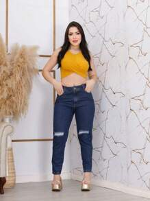 Women Jeans - 深色水洗藍 - 查看 1