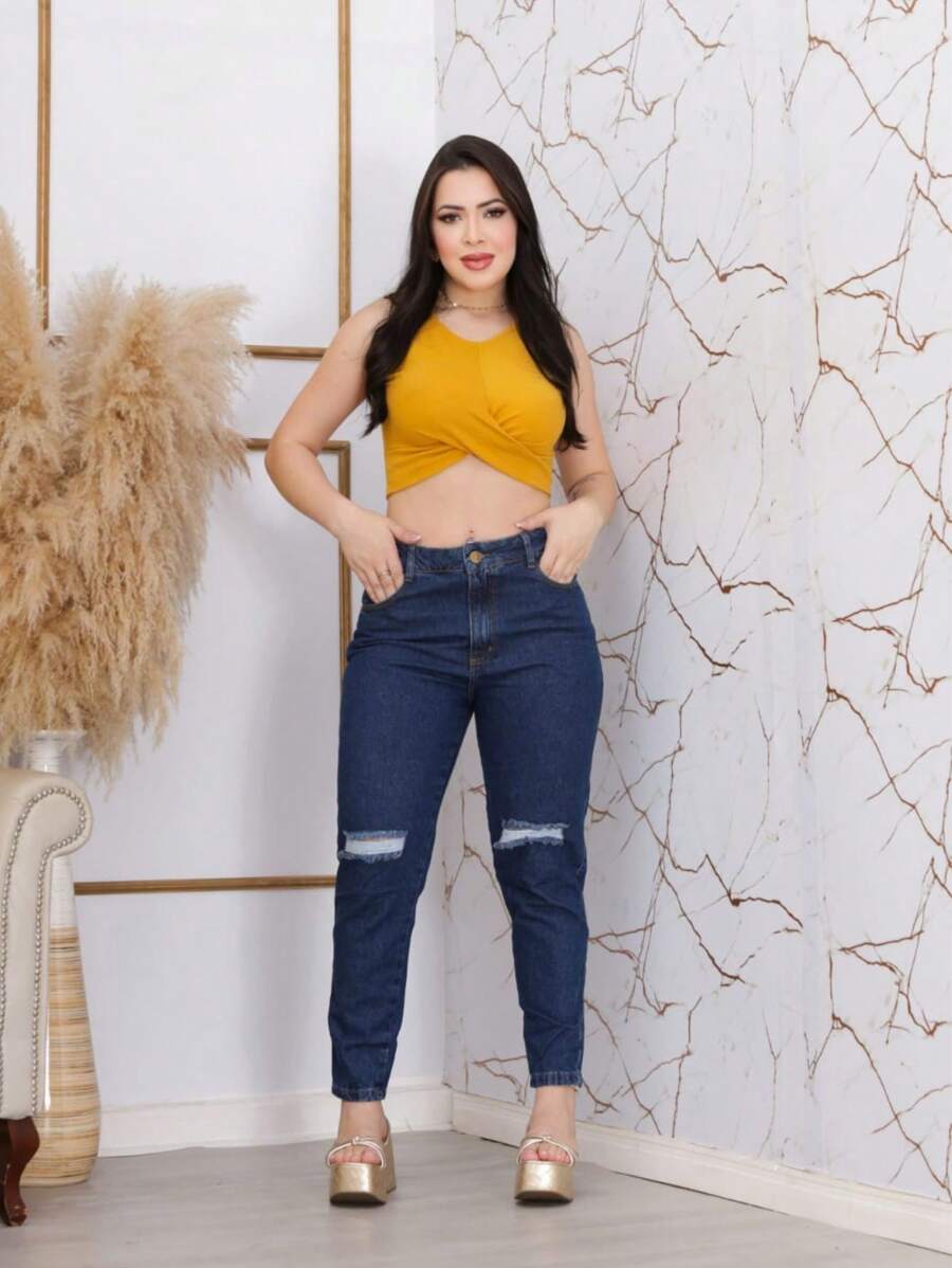Women Jeans - 深色水洗藍 - 查看 1