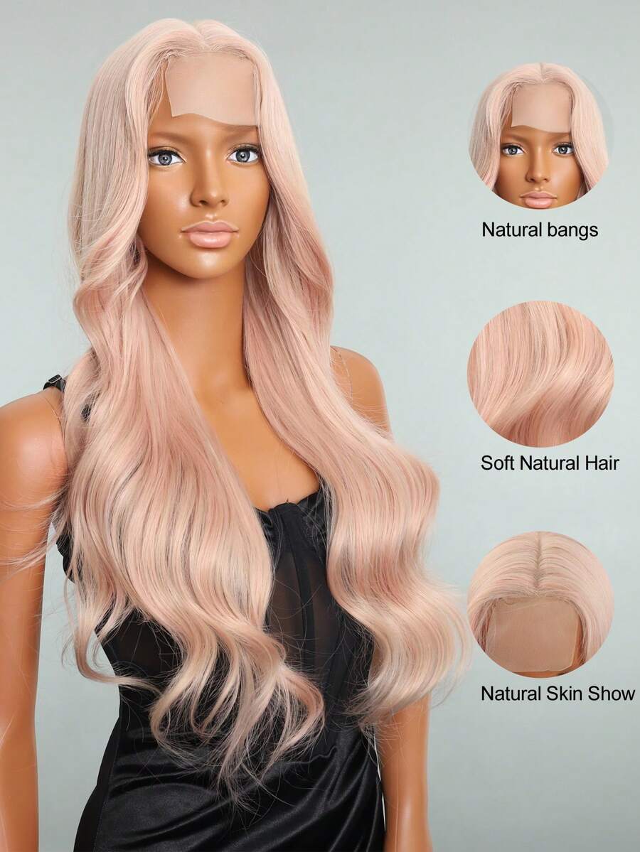 Synthetic Heat Resistant U Part Wigs Long Wave Bady Wave Blonde  Black Pink Brown Color Loose Wavy Wig For Women Middle Part Curly Wavy Wig Natural Looking Synthetic Heat Resistant Fiber Wig For Daily Party Use - Pink - View 1