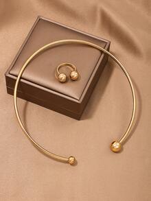 1入時尚極簡領型項鍊，環形手鐲戒指套裝，適用於女性日常穿戴和服裝搭配珠寶 - 金黃色 - 查看 5