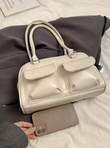 Large Capacity Work PU Tote Bag, Simple & Fashionable Women's Shoulder Bag With Multiple Pockets, Solid Color, Personalized & Large Capacity Handbag - Beige - View 5