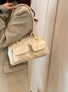 Large Capacity Work PU Tote Bag, Simple & Fashionable Women's Shoulder Bag With Multiple Pockets, Solid Color, Personalized & Large Capacity Handbag - Beige - View 3