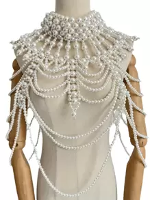 1件新娘串珠项链，多层珍珠颈链，女王项链，白色仿珍珠女士身体链，完美适用于婚礼、派对、时装秀、生日和送礼场合