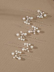 6pcs/Set European Style Wedding Bride Hair Pin Set, Pearl Decorated, Copper Wire Braided Technique Hair Accessories - Silver - View 4