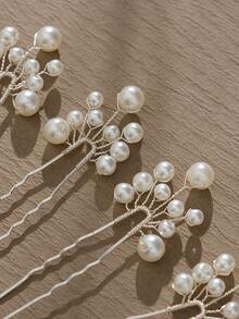 6pcs/Set European Style Wedding Bride Hair Pin Set, Pearl Decorated, Copper Wire Braided Technique Hair Accessories - Silver - View 2