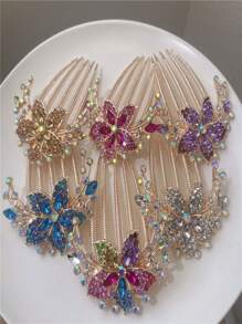 1 pieza Pinza de pelo decorativa con flor de piedras preciosas colorida y elegante, pasador de pelo de estilo chino de moda para mujeres - Multicolor - Ver 4