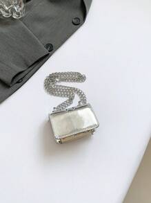 1入銀色PU材質機車風光滑鎖扣小方包，適用於唇膏、孩子、飾品，時尚可愛鏈帶斜挎包，適用於女性日常使用、約會、禮物 - 銀色 - 查看 3