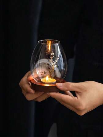1pc Plum Blossom Glass Candle Holder, Vintage Transparent Chinese Style Decoration Zen Windproof Lampshade For Candlelight Dinner, Round Glass Candle Stand,Room Decor,Gifts Birthday Graduation
