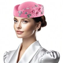 Vintage Knitted Felt Pillbox Rhinestone Hat Women's  Derby Veil Flower Fedora