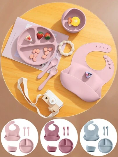 PopLittleOne 5PCS Baby Silicone Tableware Sets Adjustable Bib Suction Plate Bowl Soft Spoon Fork Non-Slip Food Storage Feeding Training Dinner Set