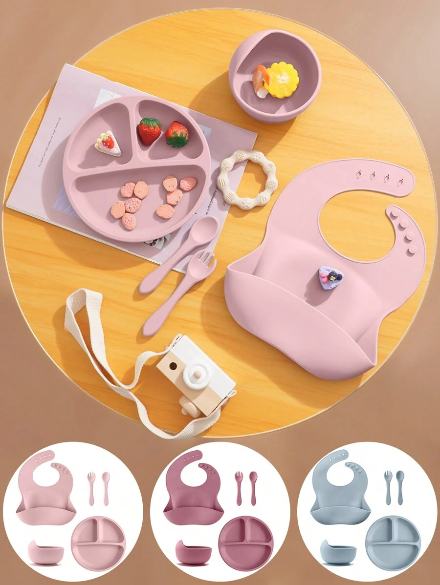 PopLittleOne 5PCS Baby Silicone Tableware Sets Adjustable Bib Suction Plate Bowl Soft Spoon Fork Non-Slip Food Storage Feeding Training Dinner Set