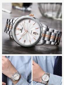 男士商務風格不鏽鋼自動機械手錶，配有玫瑰金表帶，50米防水 - 彩色 - 查看 3