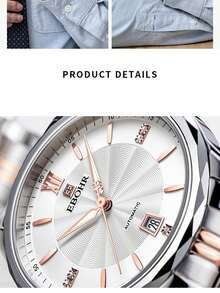 男士商務風格不鏽鋼自動機械手錶，配有玫瑰金表帶，50米防水 - 彩色 - 查看 4