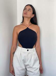 Body Feminino Triangular Canelado Alcinha Fina Elástico Sexy Chic Moda Blogueira Frente Única Costas Nuas Confortável