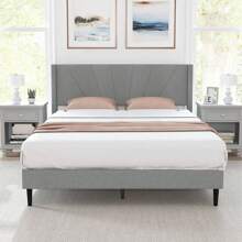 Bed Frame Modern Platform Bed With Linen Upholstered Wingback Headboard
