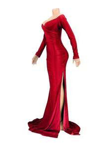 Vestido Elegante Con Escote En V Y Manga Larga Para Mujer - Rojo - Ver 5