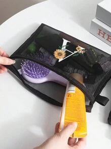 1个黑色网眼袋，雏菊图案，可定制字母A-Z，透明网眼化妆品收纳袋，多功能旅行便携袋，护肤品和化妆品收纳袋，学生文具袋，网眼拉链袋，旅行化妆品包装收纳袋，简约时尚，适合珠宝收纳、住宿、旅行、商务、游泳和家居收纳。 - 黑色 - 查看 3