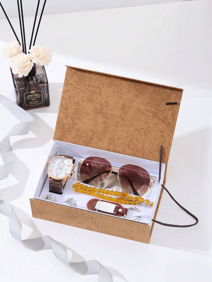 父親節禮物套裝，包含時尚禮盒、潮流眼鏡、個性化手錶、實用鑰匙扣和時尚袖扣。適用於情人節男友禮物、畢業生或教師等畢業禮物等的禮物