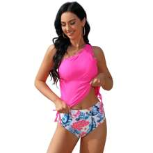 Women Two Piece Swimsuits One Shoulder Bathing Suits Tummy Control Ruched Wavy Edge Tankini Sets - 玫瑰紅 - 查看 1