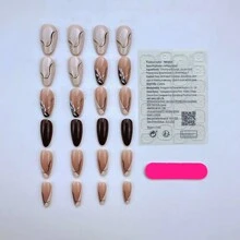 24入組指甲藝術套裝，帶有長尖頭，復古白色葉子和金線與閃粉，非常適合女性貼上指甲和美甲用品 - 彩色 - 查看 2